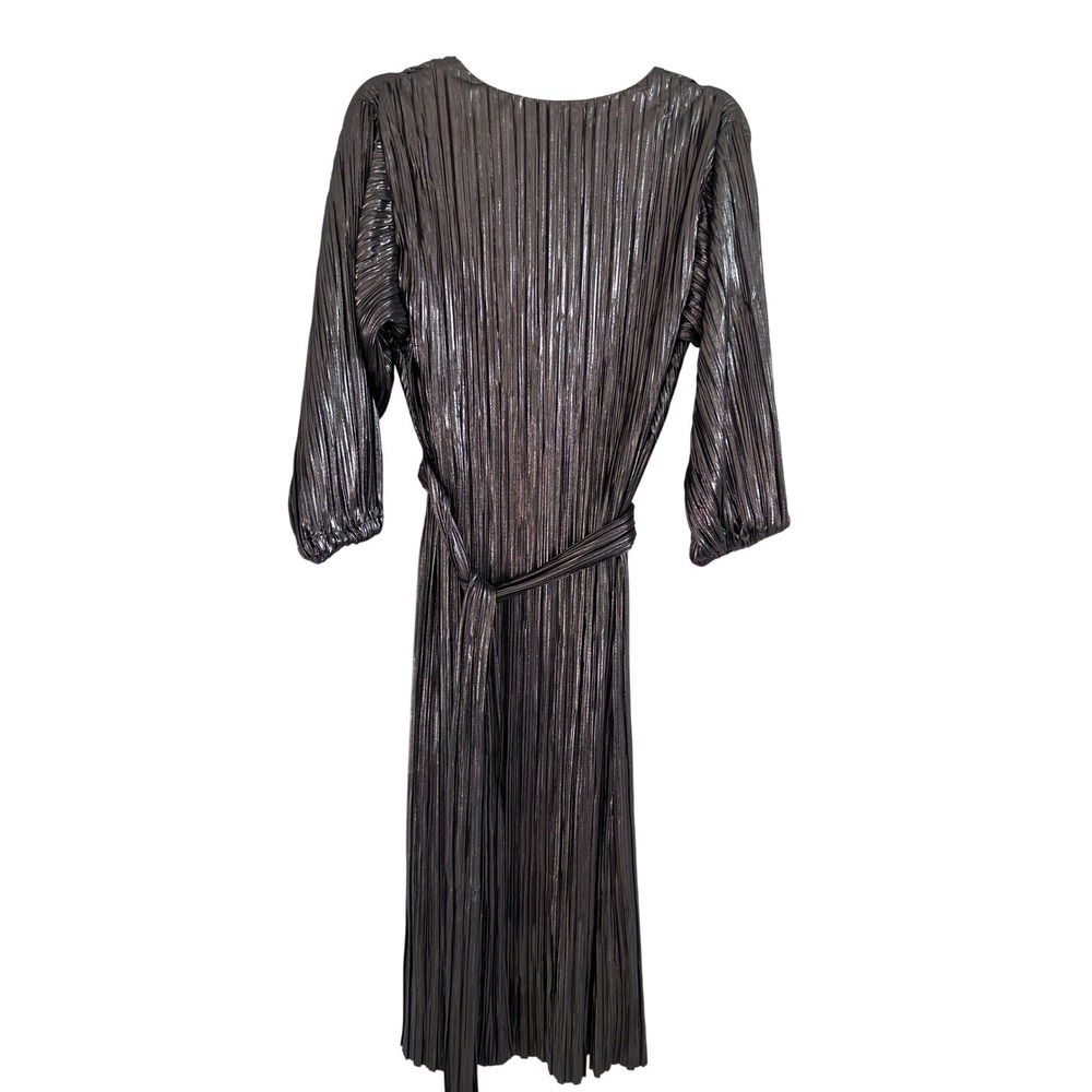Zara Metallic Bronze MicroPleated Low Back Midi Dress Tie Long Sleeve Womens M